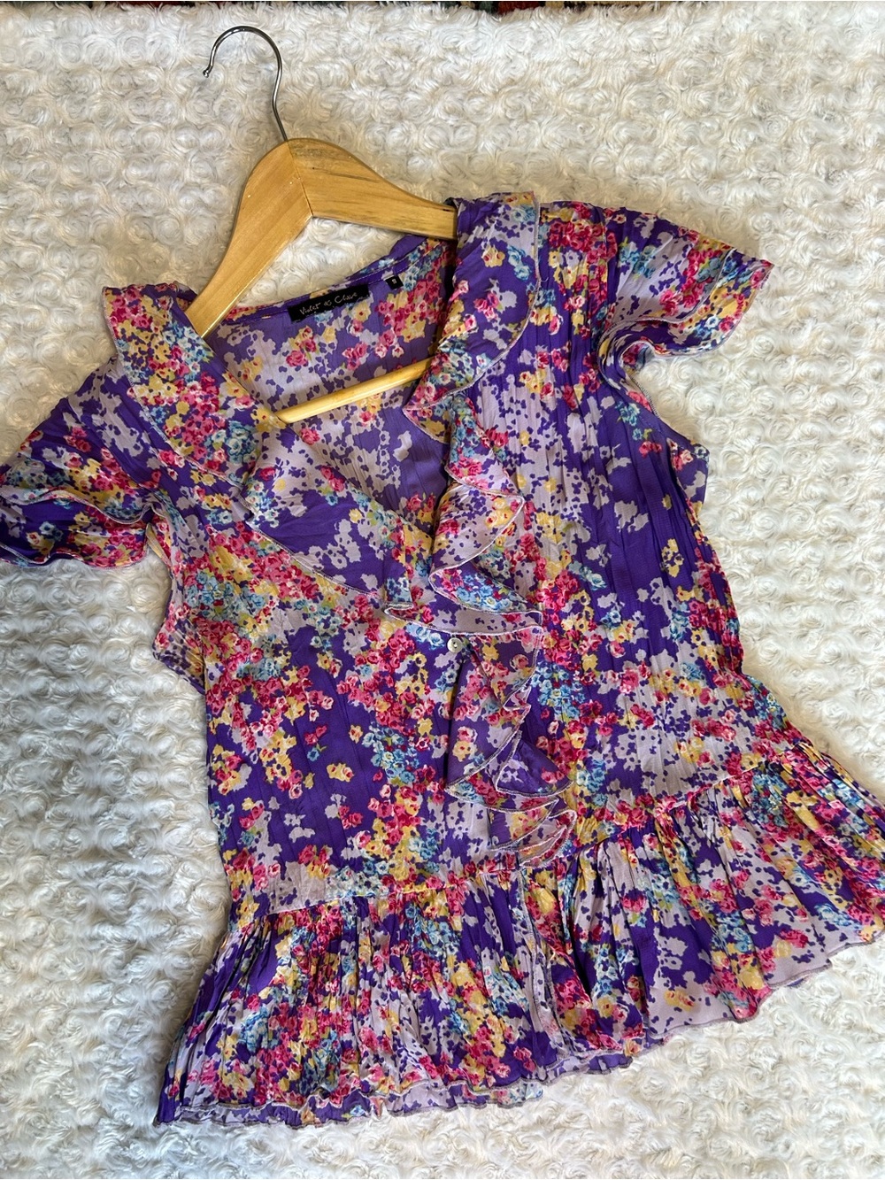 Violet & Claire Violet Purple Floral Ruffle Pleated Blouse S